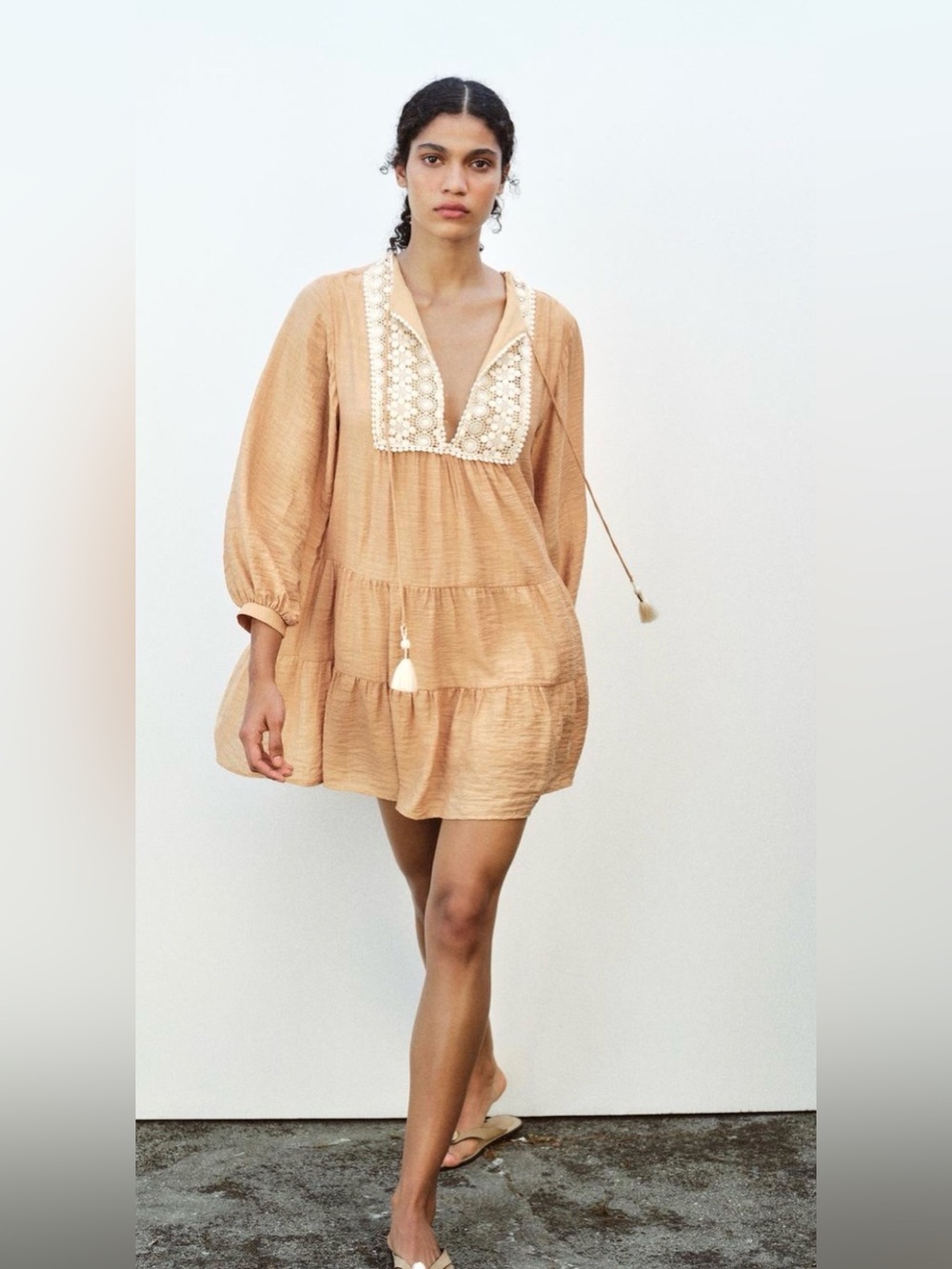 Zara Embroidered Peach Mini Dress Tassel Boho Size Large NWT